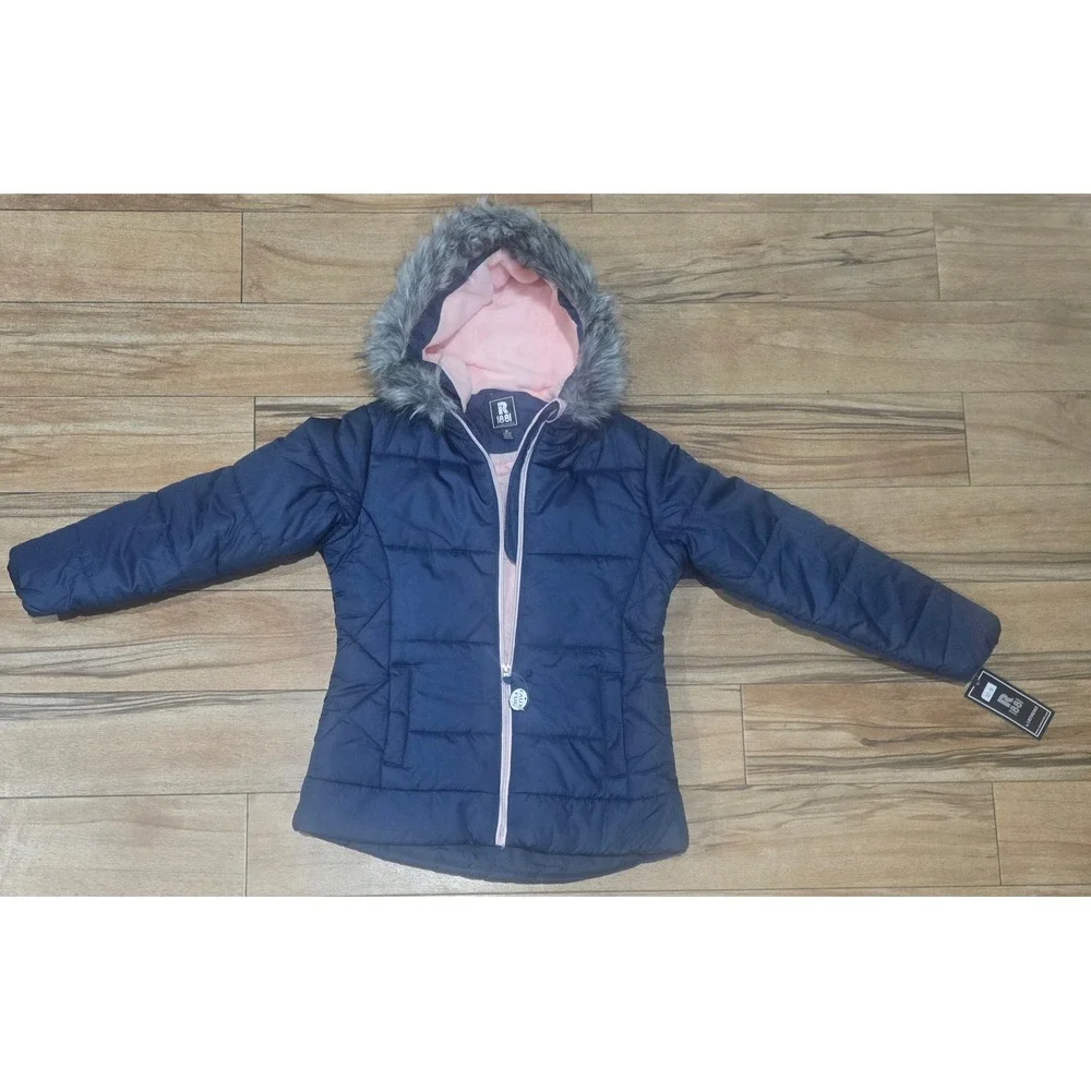 R 1881 by S Rothschild‎ Quilt Puffer Jacket Navy Faux Fur Hood Kids M 10 12